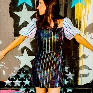 Queen of Sparkles - RAINBOW SEQUIN STRIPE DRESS WITH WHITE SLEEVES - Size Large